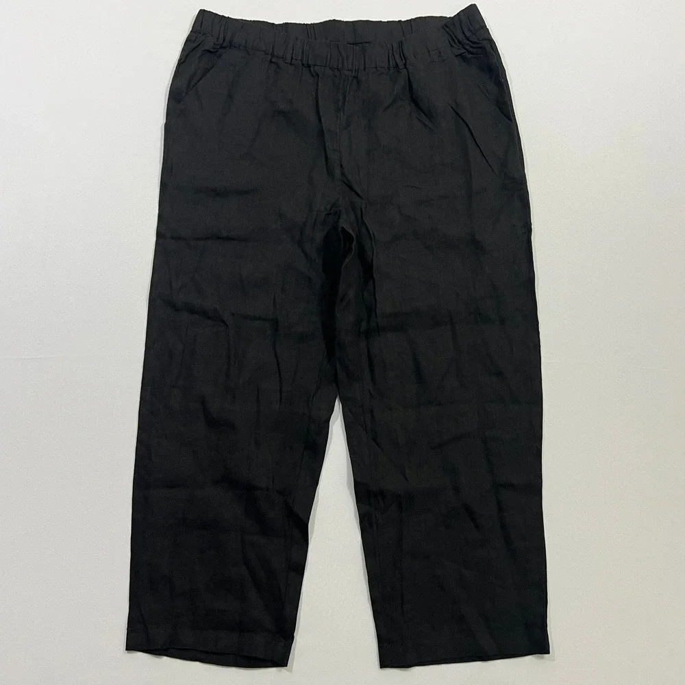 Quince European 100% Linen Pants Lagenlook Relaxed Elastic Waist Black Women XL